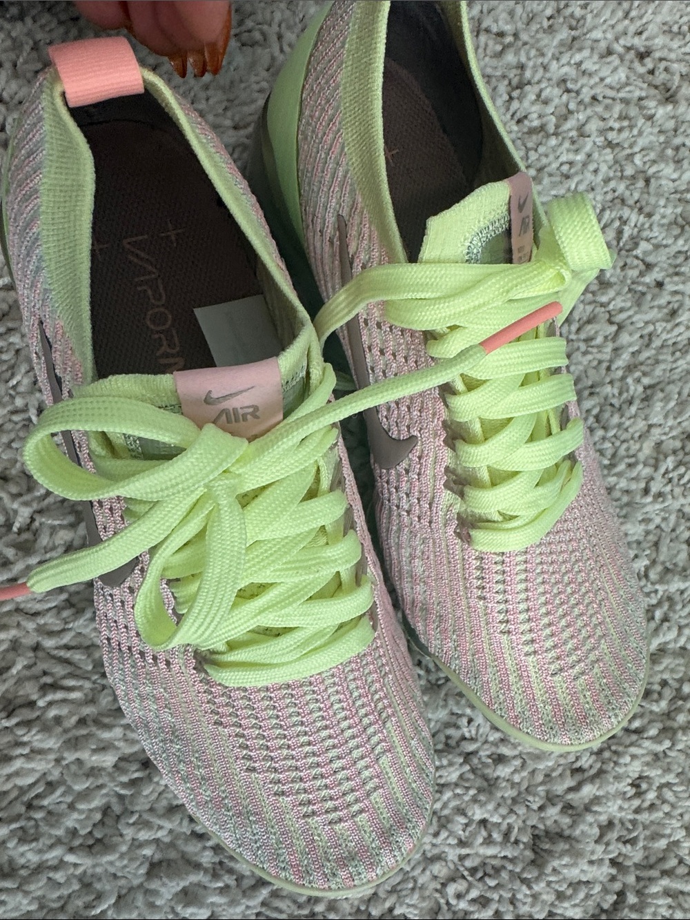 Nike VaporMax Flyknit Sneakers in Lime Green and Coral - Picture 2 of 6